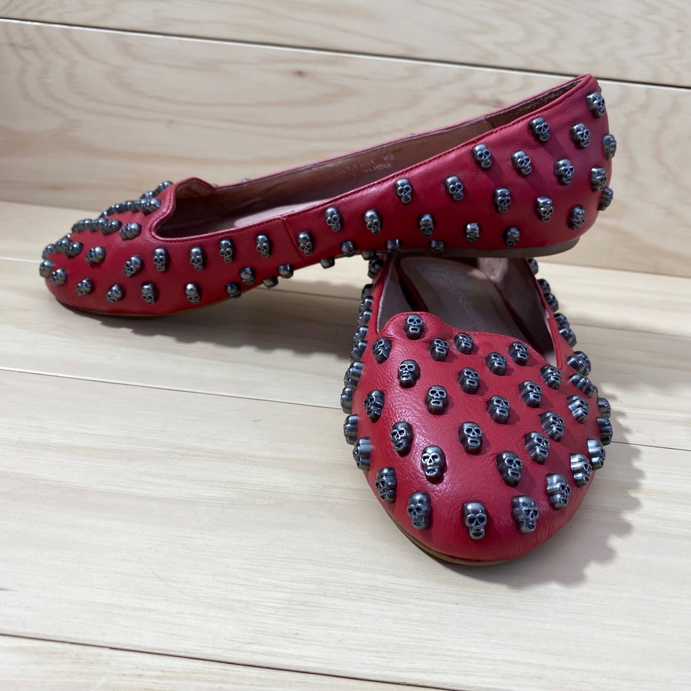 Jeffrey Campbell Ibiza Last Flats Women 10 Red Leather Gunmetal Skull Studded - Picture 4 of 12